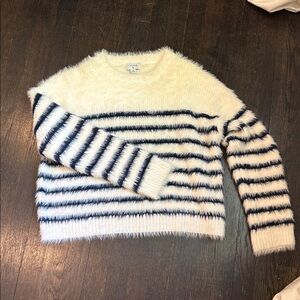 Lafayette 148 New York Cream and Navy Fuzzy Striped Crewneck Sweater